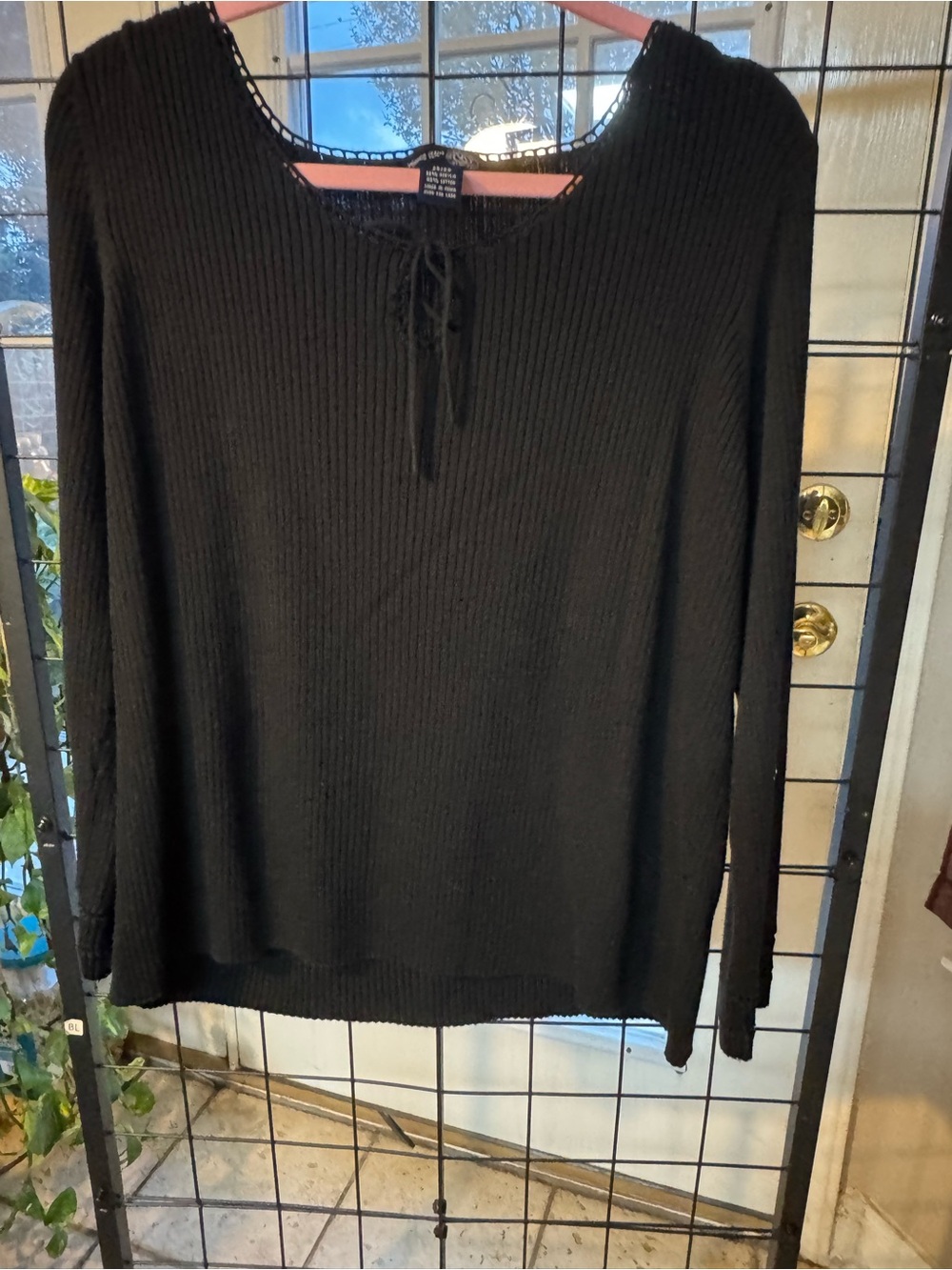 Venezia Black Ribbed Tie-Neck Crew Sweater